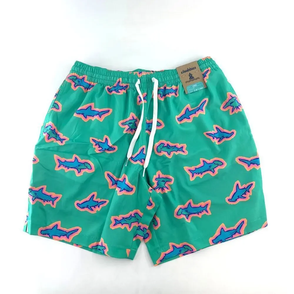 Chubbies Teal Sharks The Apex Swimmers Lined Classic Swim Trunk Size L